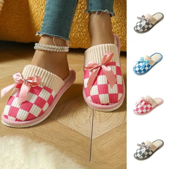 Women Checkered Closed Toe Fuzzy Plush House Slides Plus Size Warm Soft Non Slip Sole Indoor Bedroom Casual Slippers Sky Blue 10-10.5(44-45)