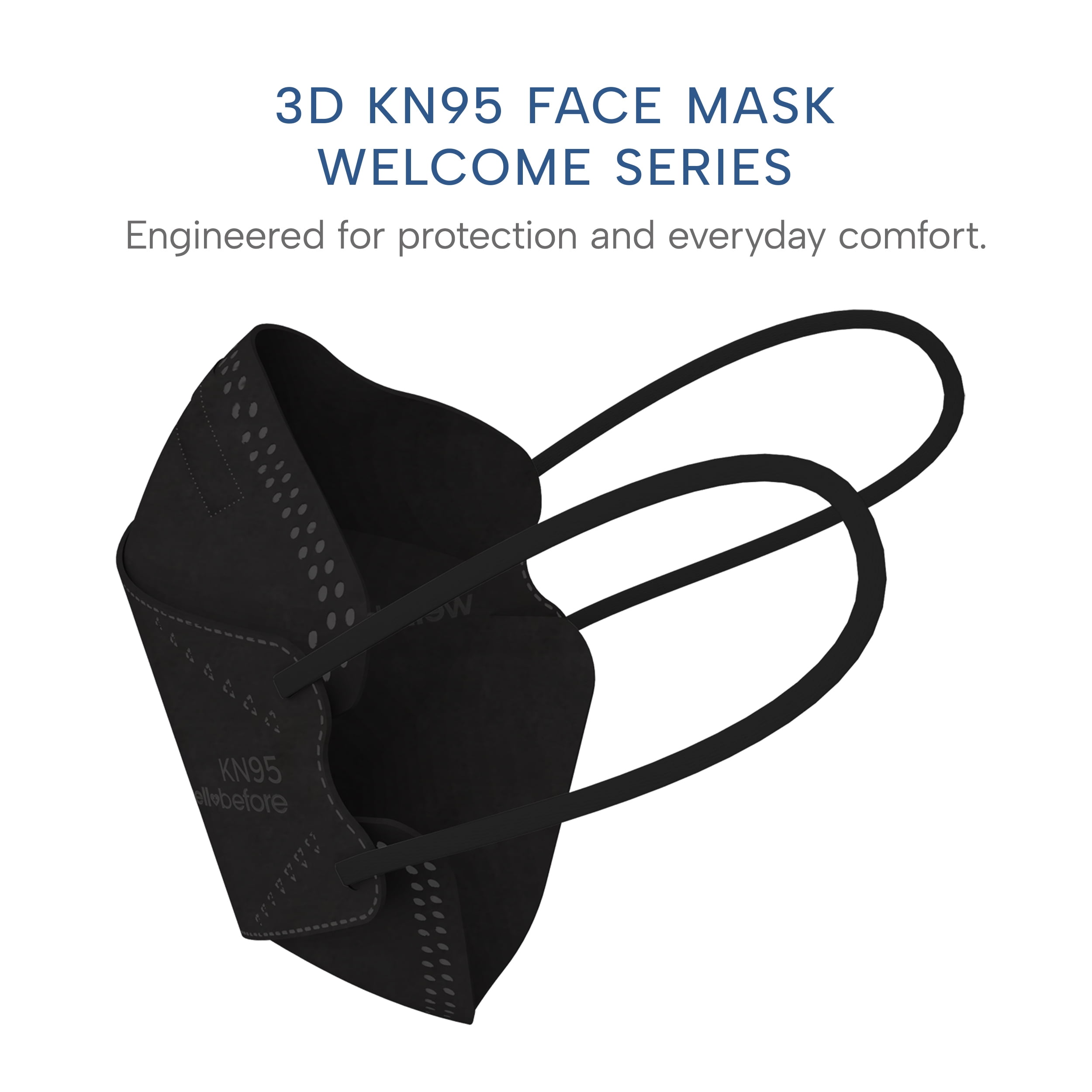 WellBefore Welcome Series KN95 3D Face Mask, Black, Regular, Pack of 50