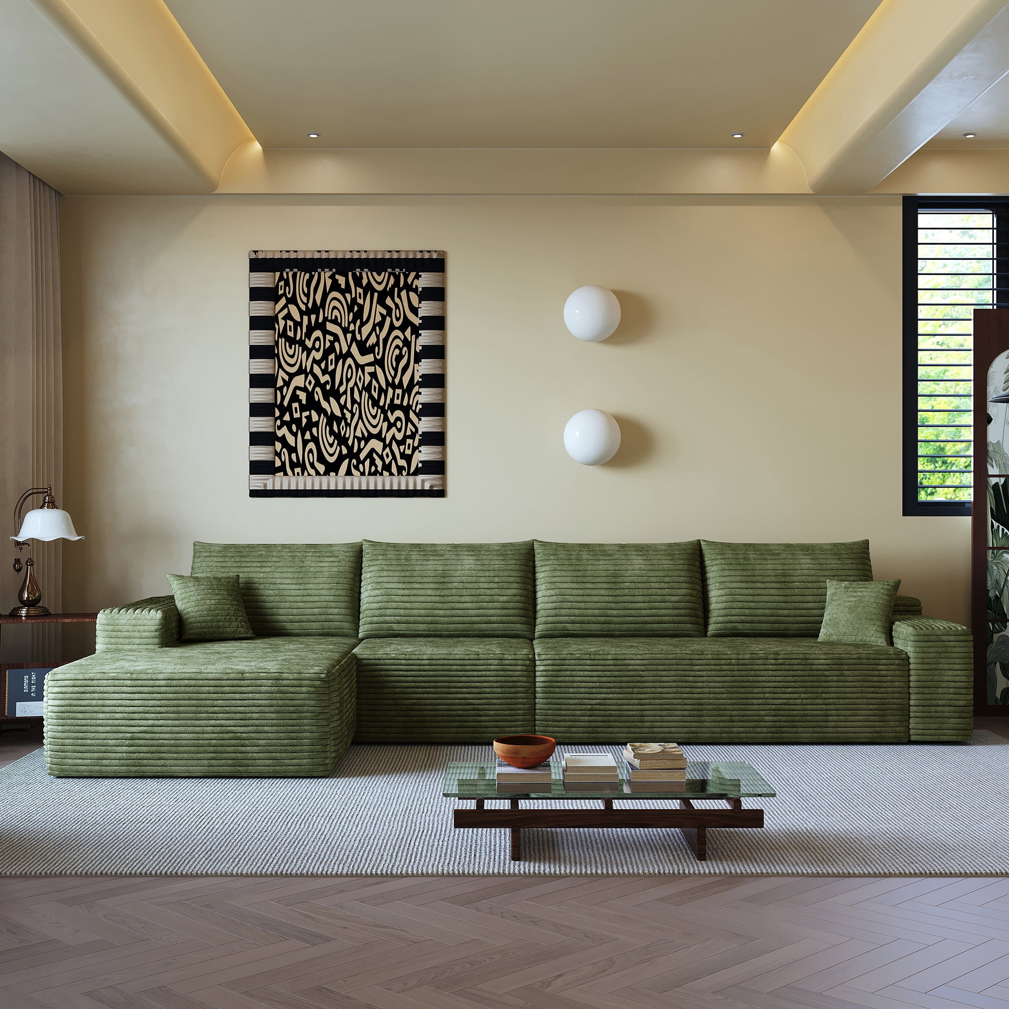 Sailvan 135" Cloud Sectional Couch, Cloudy Sofa with L-Shape Chaise, Upholstered Couches for Living Room & Bedroom, No Assembly Required, Plush Corduroy Fabric, Green