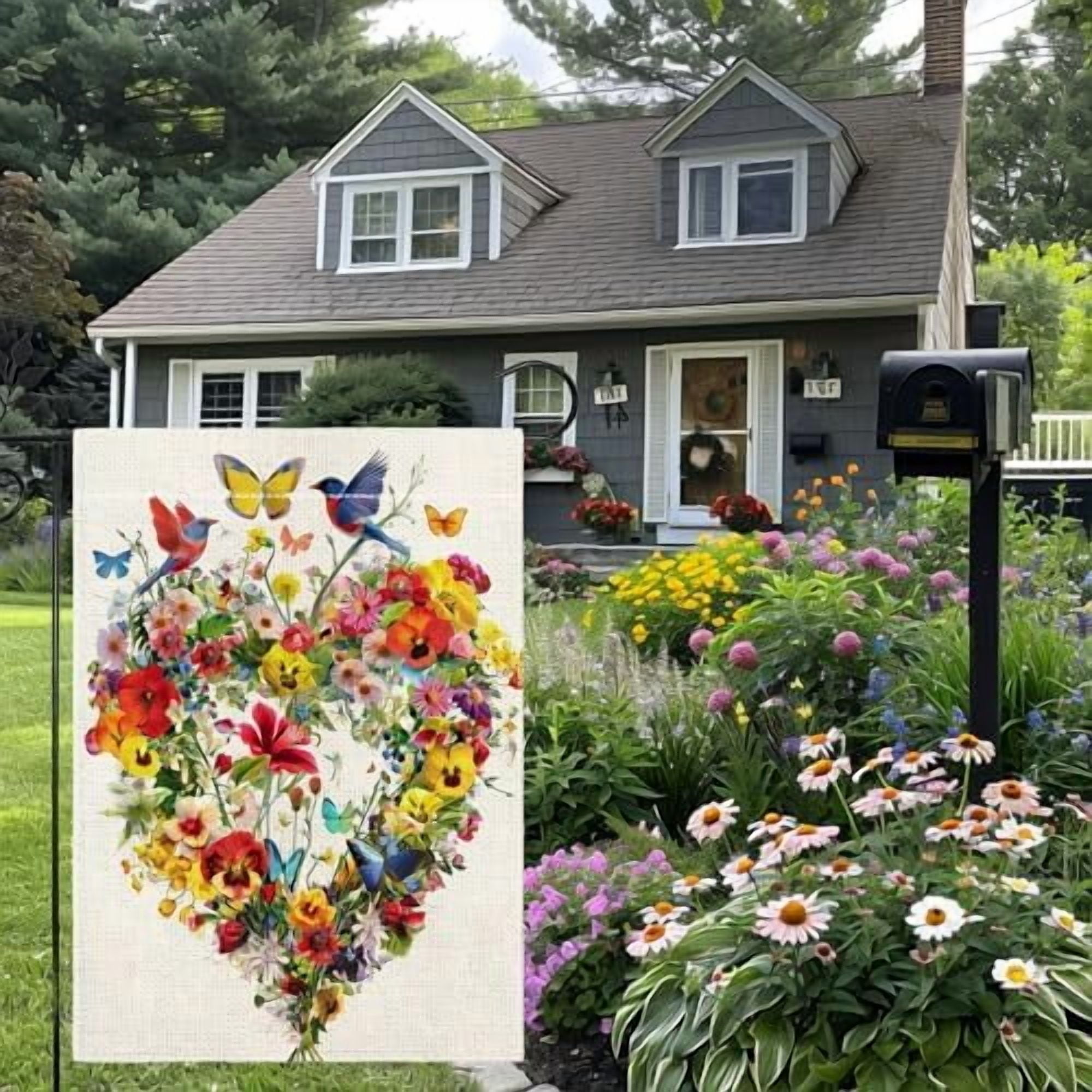 Spring Summer Birds Flowers Butterflies Garden Flag for Outside, Colorful Floral Love Hearts Outdoor Yard Flag 12x18 Inch Double Sided Burlap