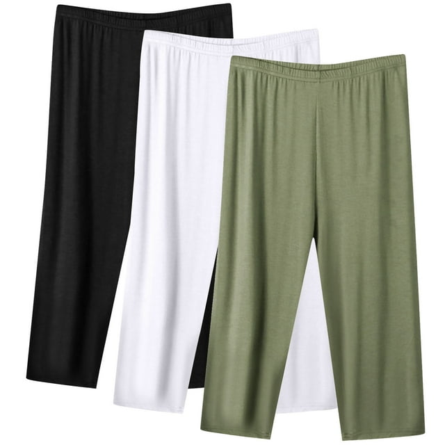 Diufon 3PCS Plus Size Womens Capris Pants Elastic Waist Wide Leg Pants Solid Color Lounge Pants