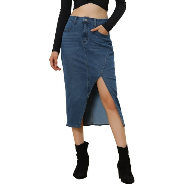 Falda Vaquera para Mujer Falda Informal de Talle Alto con Abertura Frontal Azul S