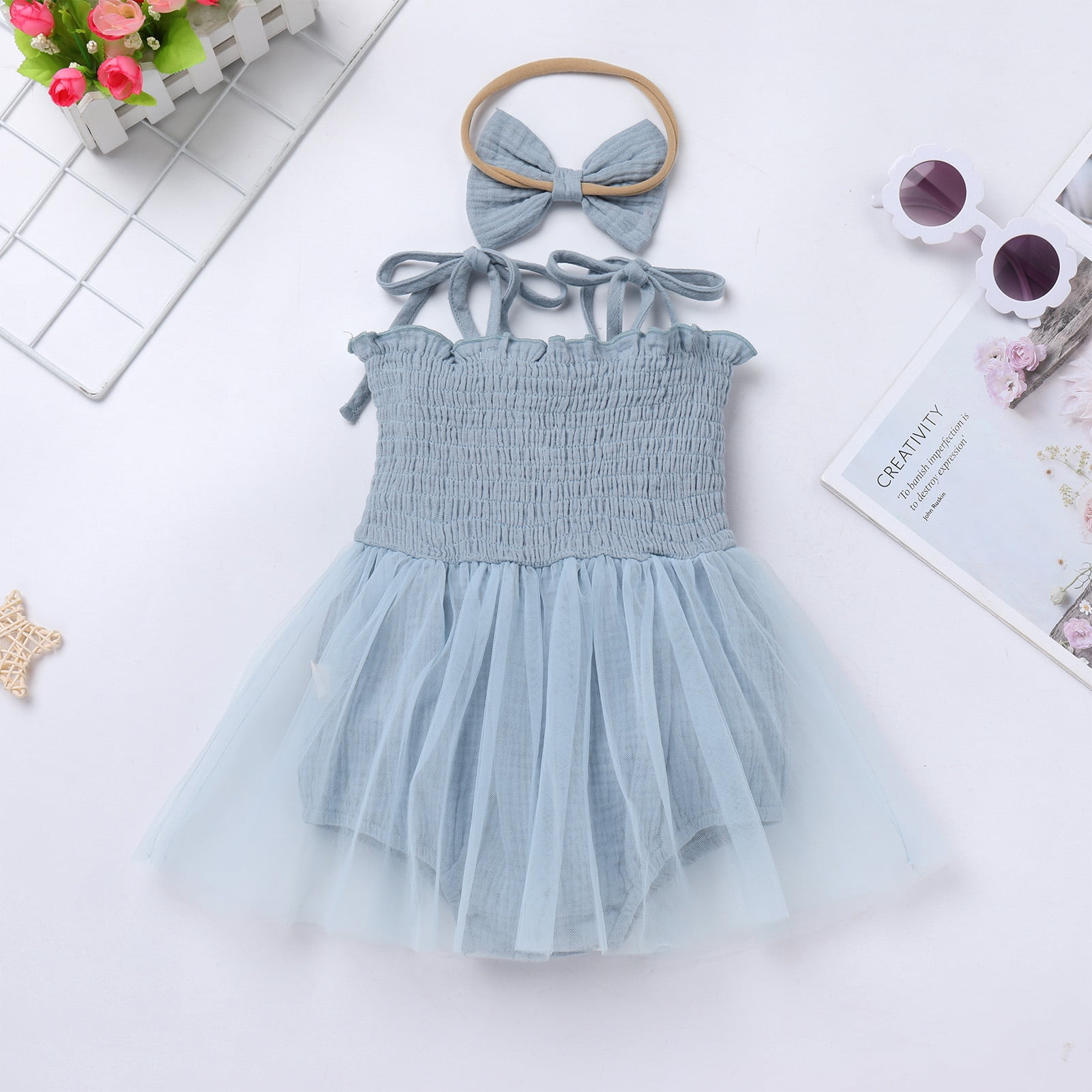 IDOPIP Baby Girls 1st Birthday Outfit Spaghetti Straps Romper Dress with Headband Cake Smash Outfit