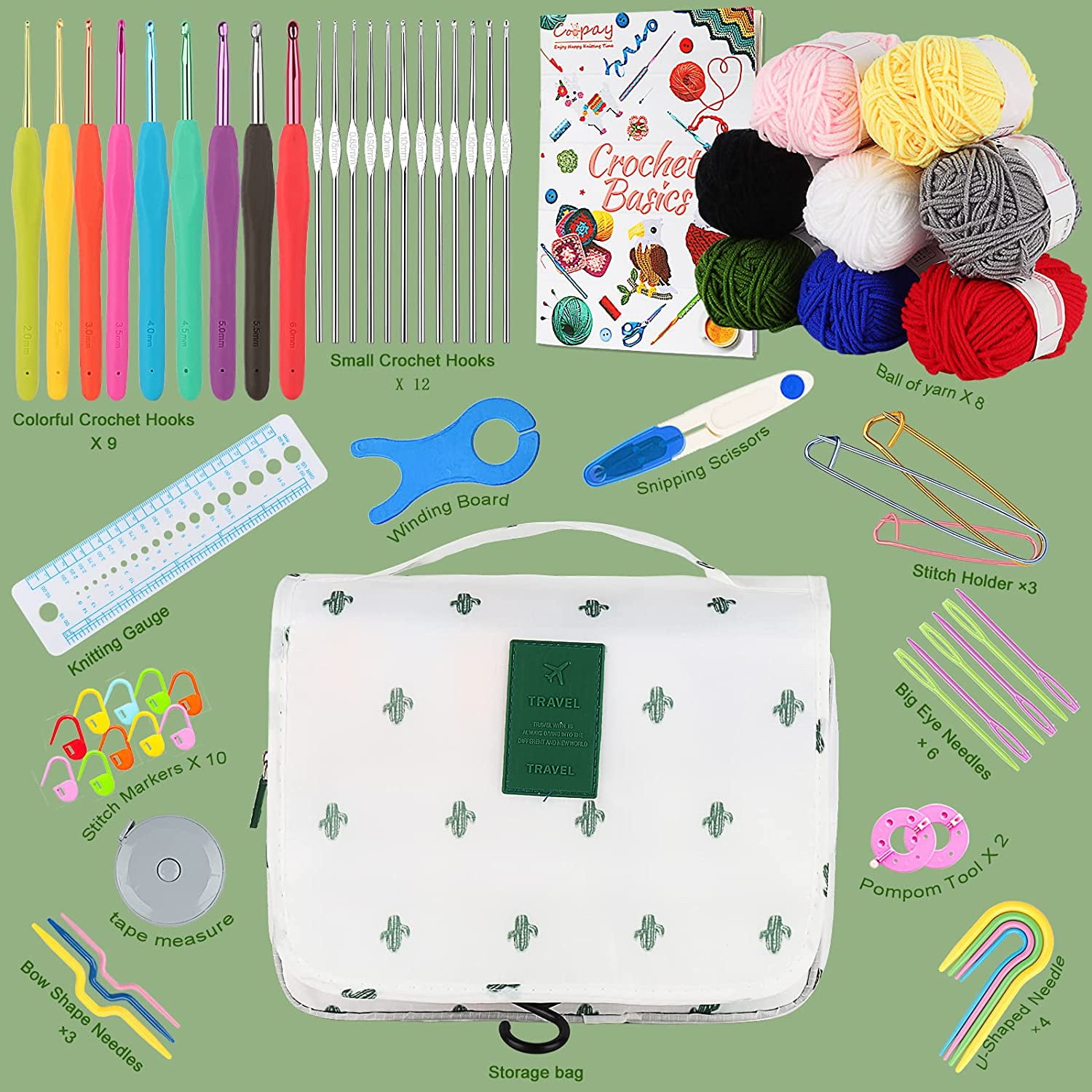 Wiher Upgraded Hanging Crochet Kit Beginners, 63PCS Crochet Hook Set with Crochet Book, Crochet Set with 8 Yarn for Crocheting, Crochet Hooks Ergonomic Soft Grip & Knitting Crochet Supplies, White