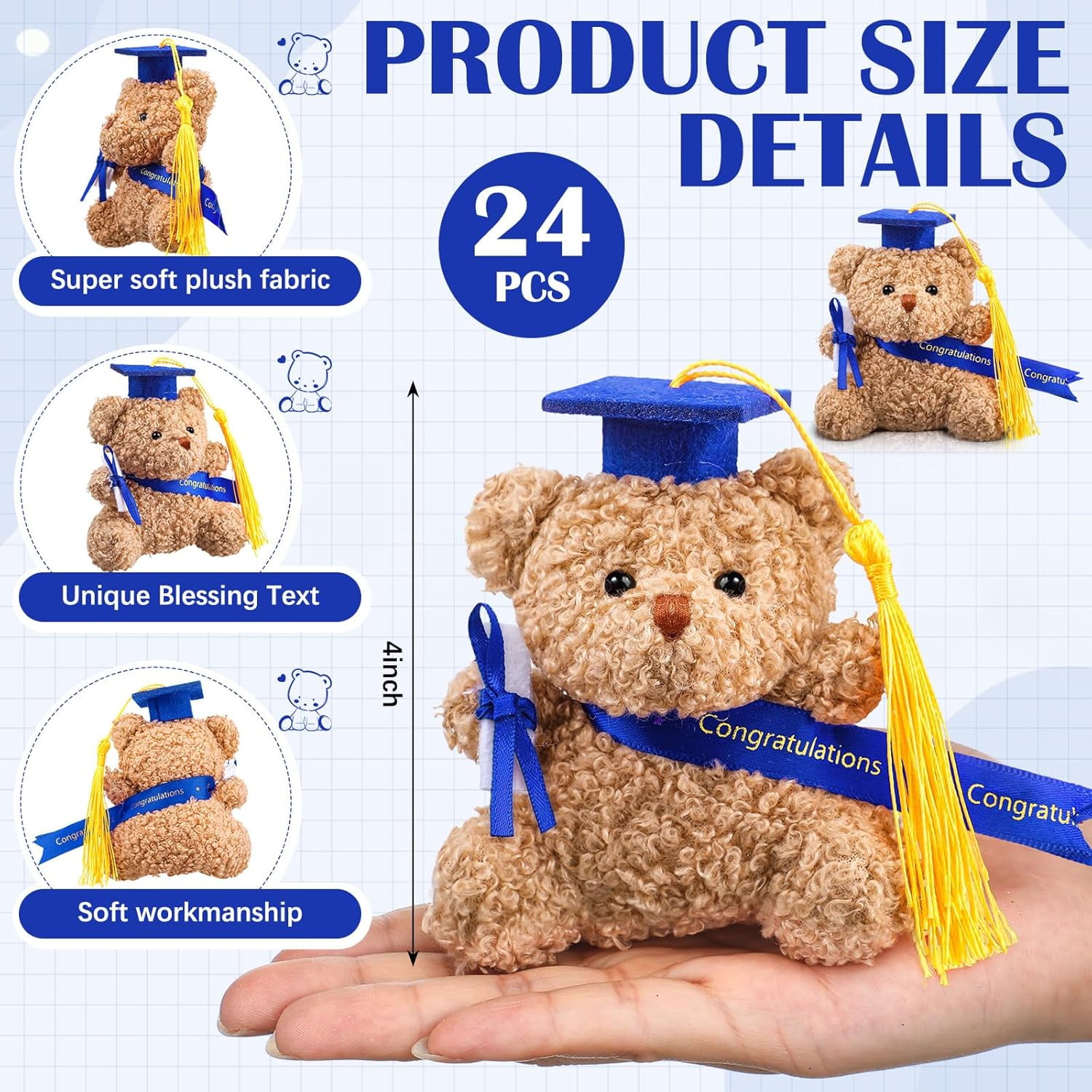 Guvpev 4" Mini Graduation Bears Bulk Set of 24, Class of 2026 Small Stuffed Animals with Blue Cap and Diploma, Tiny Plush Teddy Bear for Graduation Bouquet DIY, Prom Party Decor & Congrats Grad Gifts