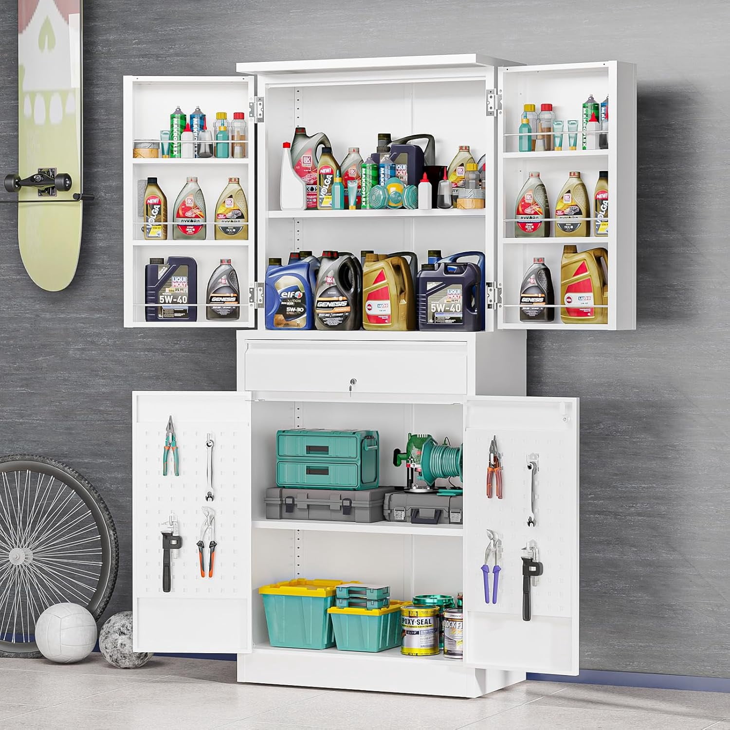 Ktaxon 71" Tall Steel Storage Cabinet with Drawer, 4-Door Lockable Pantry Organizer w/ Door Shelves, Pegboard & Hooks, Adjustable Shelves, White