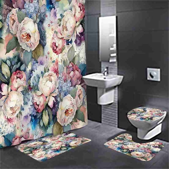 Watercolor Pink and Purple Peony 4-Piece Shower Curtain Set with Bath Mats and Toilet Lid Cover for Bathroom Decor