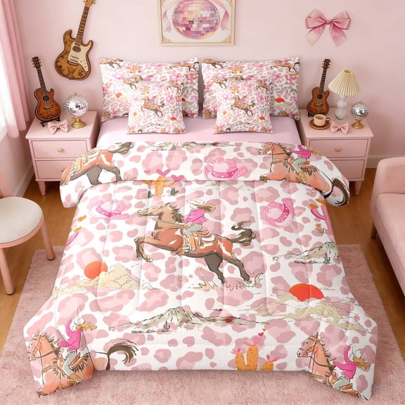 Erosebridal Pink Leopard Cowgirl Horse Cactus Print Twin Bedding Sets, Western Style Bedding Comforter Set for Girls, Pink Reversible 7-Piece