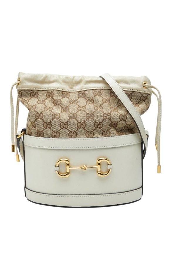 Pre-Owned Gucci GG Canvas Horsebit 1955 Shoulder Bag Bucket 602118 Beige White Leather Women's...