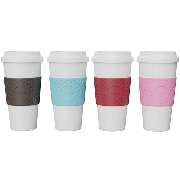 Copco Acadia Reusable To Go Mug, 16-ounce Capacity 4-pack (Pink, Azure, Brown, Red)