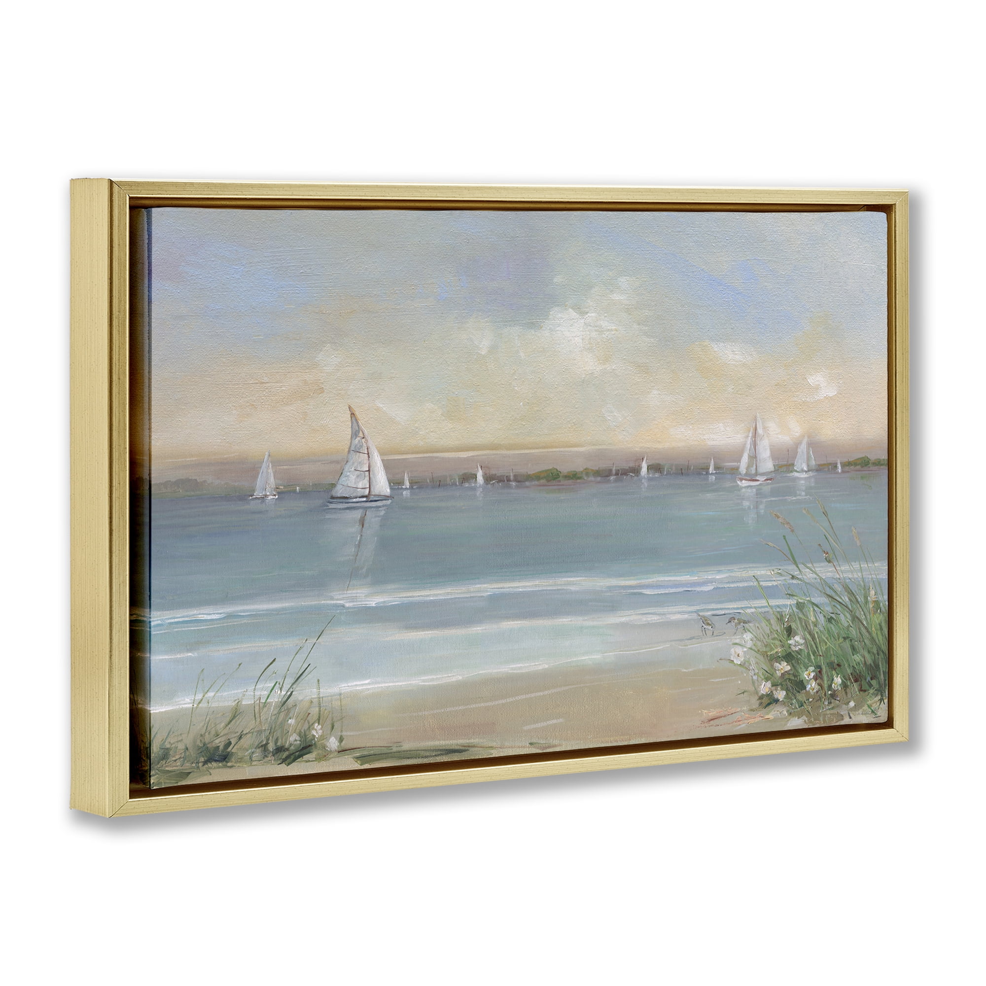 Stupell Industries Coastal Sailing At Dawn Gold Framed Floater Canvas Wall Art, design by Sally Swatland