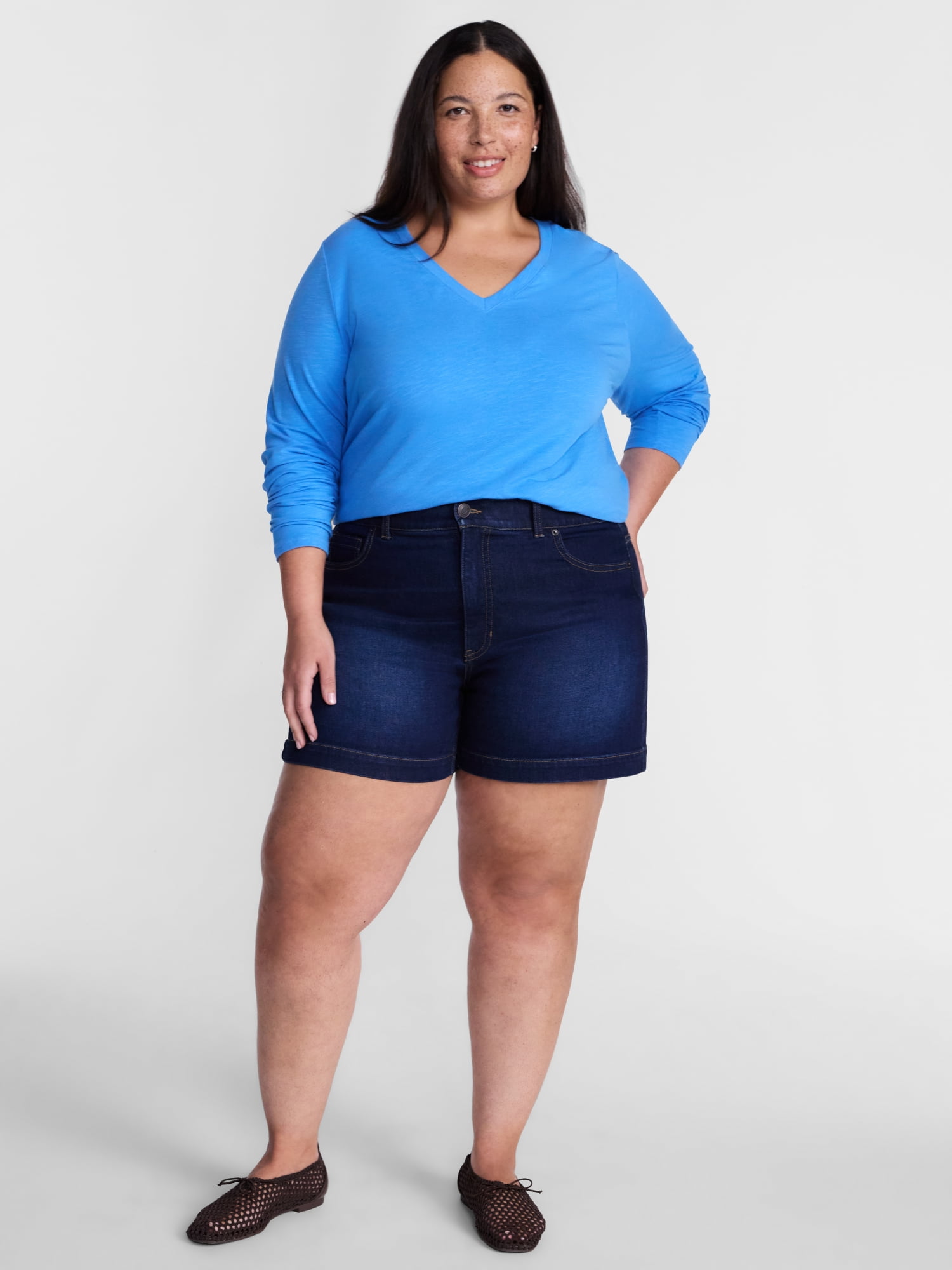 Terra & Sky Women's Plus Size V Neck Tee with Long Sleeves, Size 0X-5X