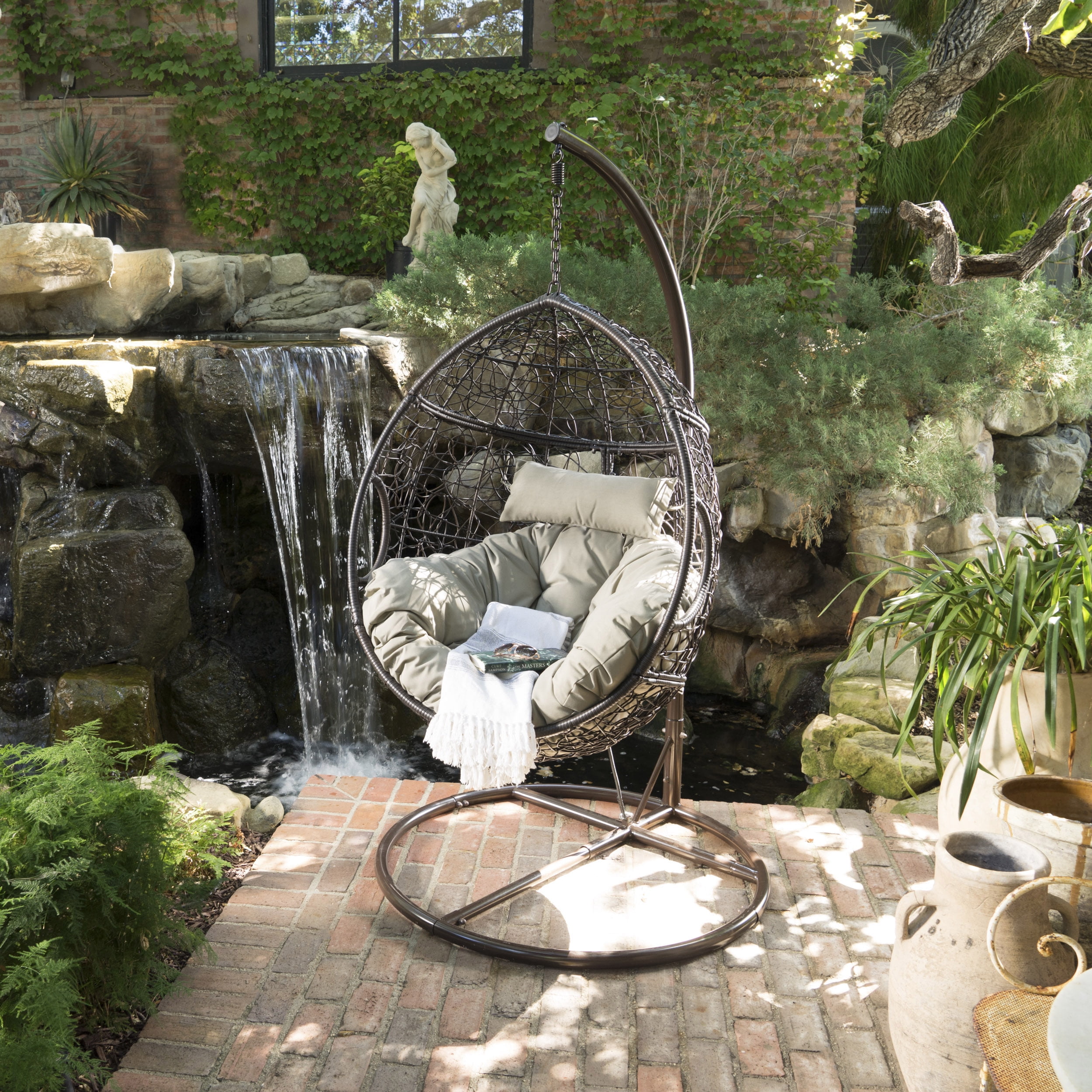 Casey Outdoor Wicker Hanging Basket Chair with Cushions and Iron Base