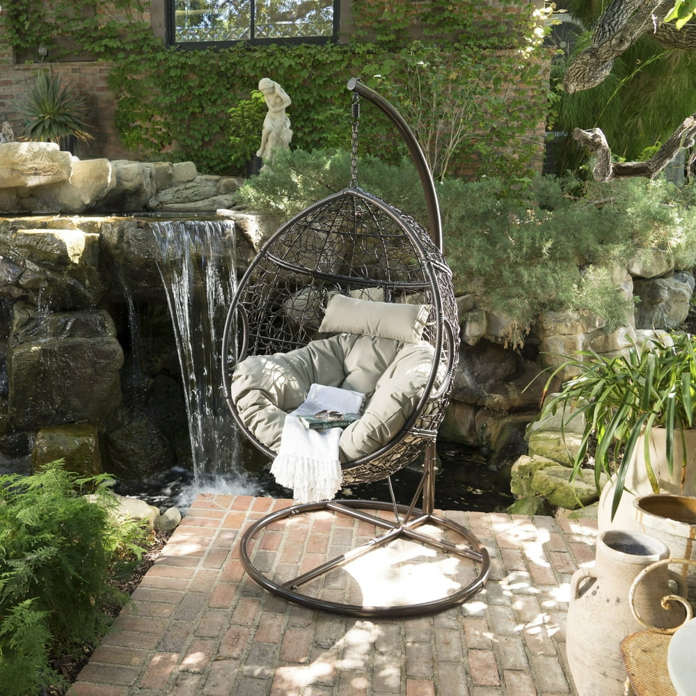 Casey Outdoor Wicker Hanging Basket Chair with Cushions and Iron Base