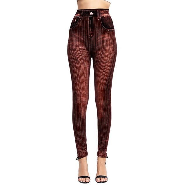 GDREDA Leggings pour Femmes Leggings Élastiques Jeans Leggings à Rayures Thermiques Imitation Denim Leggings Collants Pantalons de Randonnée Tenues Pantalons de Yoga Rouge,TP