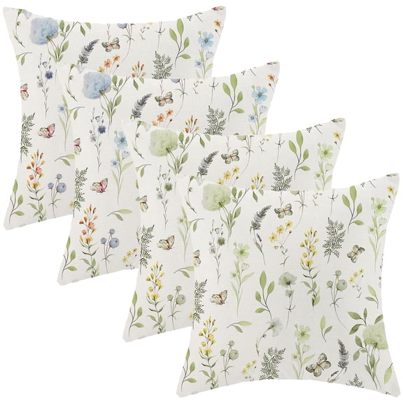 4 Pack Throw Pillow Covers 18x18, Linen-Like Floral Decorative Pillow Cases for Couch Sofa Bed, Soft Polyester Square Cushion Covers with Hidden Zipper - 18x18in Light Blue Green