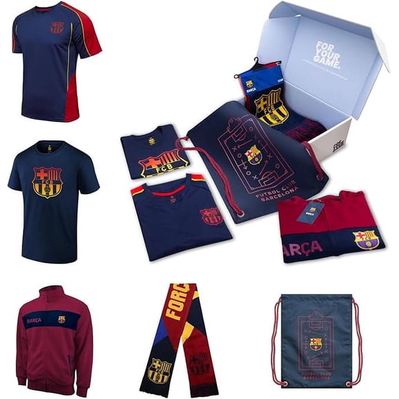 Icon Sports Ultimate Fan Pack: Officially Licensed FC Barcelona Soccer Bag, Scarf, Jacket & Shirts 5 Piece Value Set, Medium