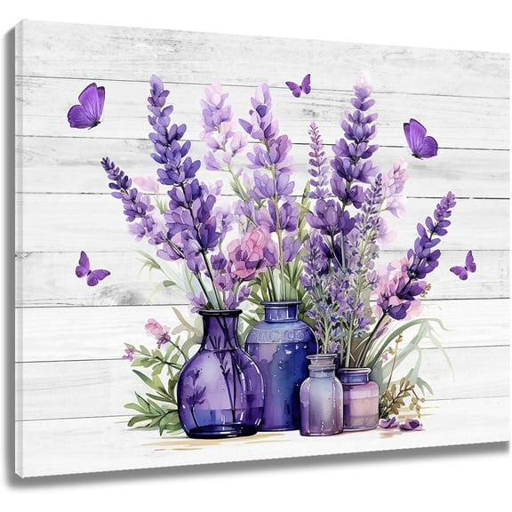 Purple Floral Wall Art for Living Room,Lavender and Butterfly in Vase on Farmhouse Wood Canvas Wall Art Country Flower Plant Framed Wall Art for Bedroom Bathroom Home Wall Decor,12L X 16W inches