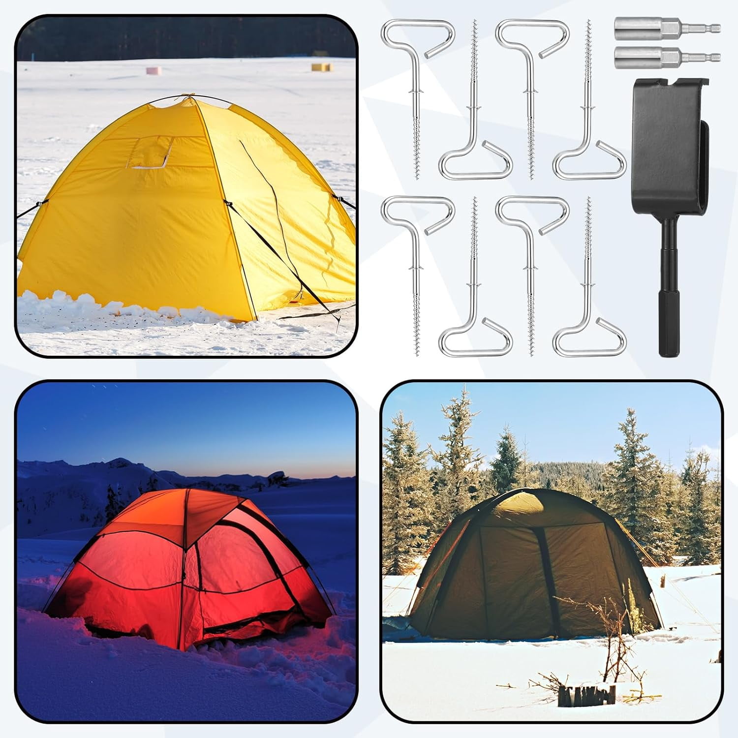 Ice Anchor Tool Kit Includes Ice Anchor Drill Adapter 8 Threaded Peg Ice Fishing Shelter Stake Nail 2 Impact Socket,Black & Silver