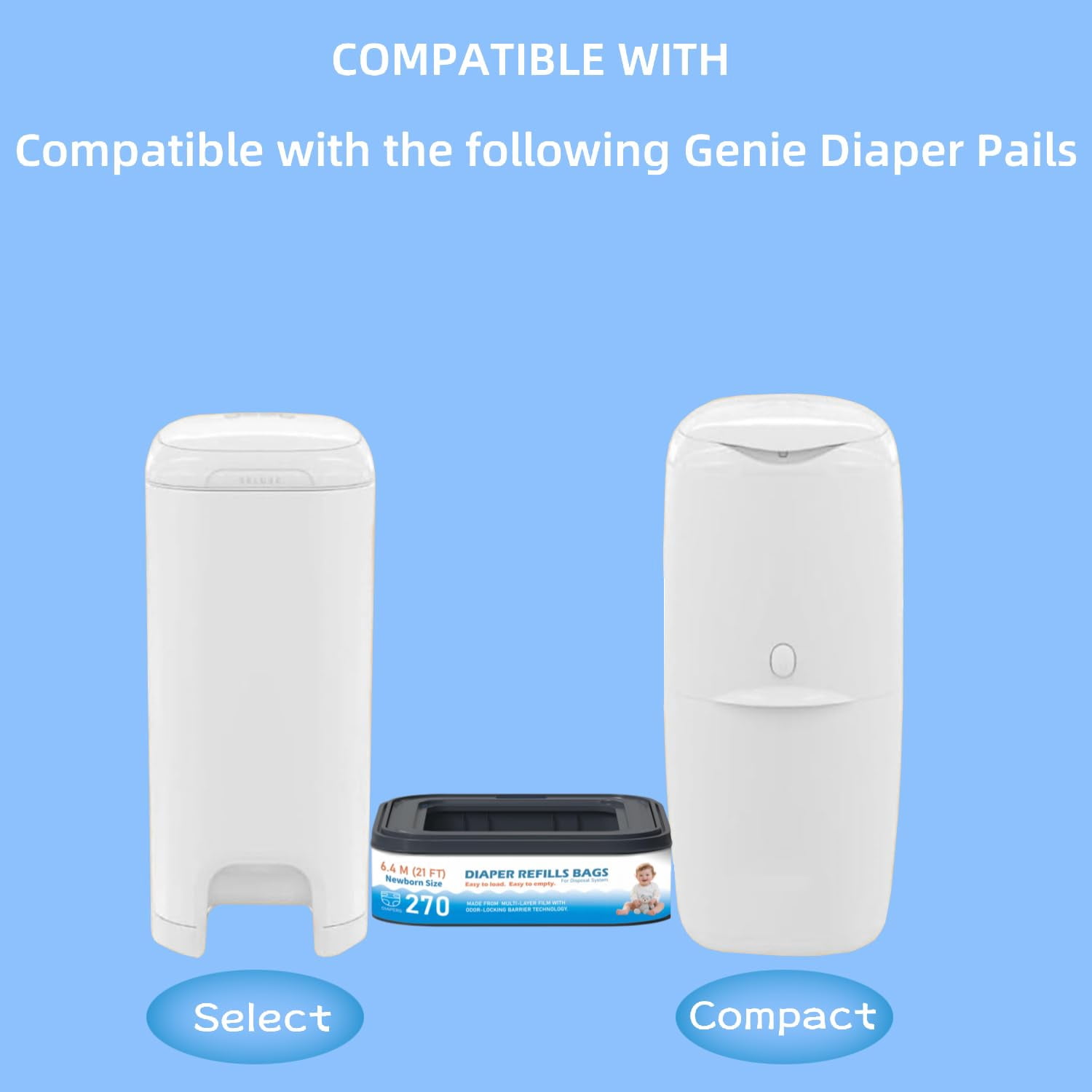 6 Packs Standard Square Refills Disposal Bags Refill Compatible with Diaper Genie Compact, Select Pails, Classic Version Pails, Hold Up to 270 Newborn-Sized Diapers Per Refill