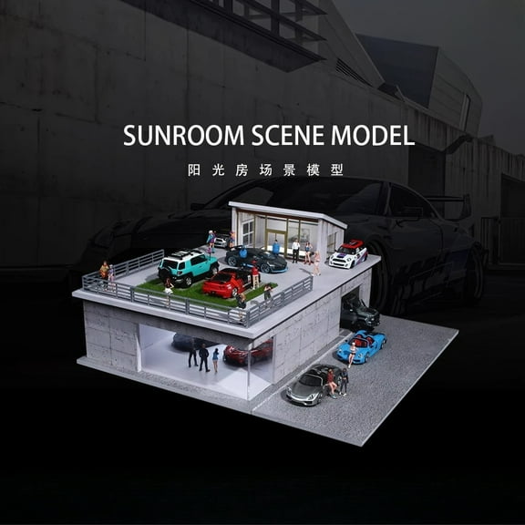 Diorama 1/64 Scale Garage Model LED Lighting Sunroom Buildings Scene Model,Double Car Parking Lot Parking Lot Scene Display ,Die-cast Car Scene Model Display Box