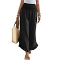 thumbnail image 2 of Women Cotton Linen Pants Summer Wide Leg Pants Smocked Waist Ruffle Hem Pant Vacation Boho Flowy Beach Pant Black L, 2 of 8