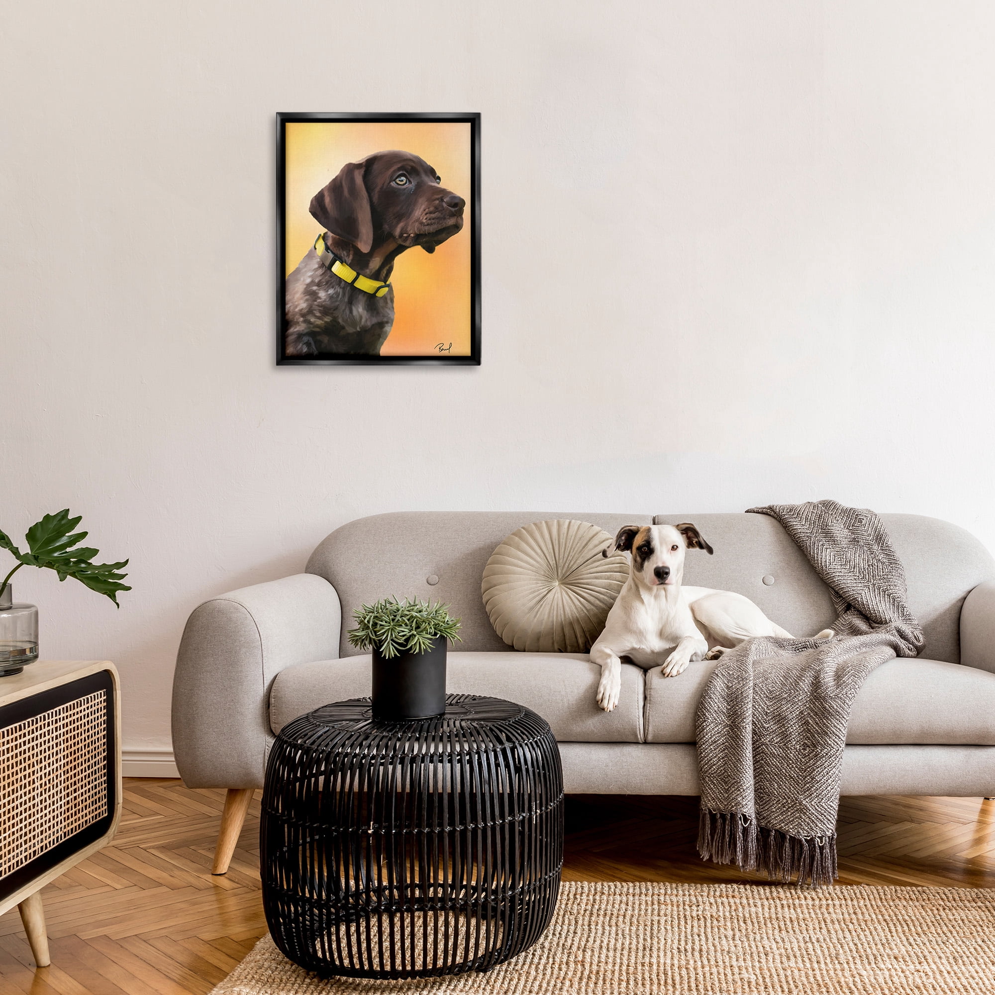 Stupell Industries Lab Puppy on Orange Animals & Insects Painting Black Floater Framed Canvas Art Print Wall Art, 25 x 31