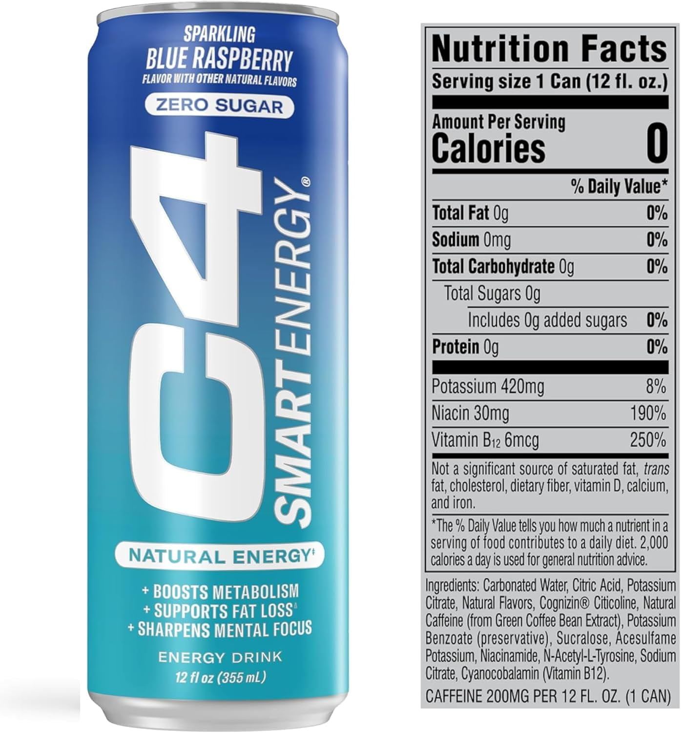 C4 Smart Energy Drink, Blue Raspberry Flavor, Zero Sugar, Carbonated, 12 oz can (12 pack)