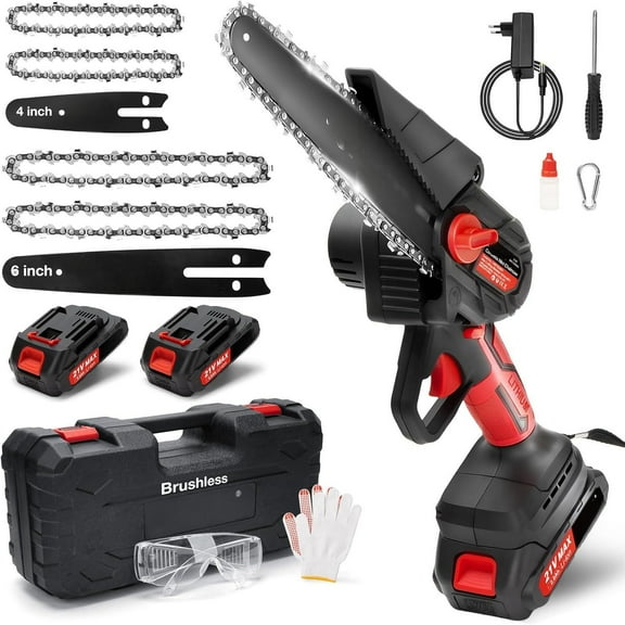 6 Inch & 4 Inch Mini Chainsaw, Portable Electric Chainsaws, 21V Cordless Handheld Chain Saw Pruning Shears for Tree Branches,Courtyard,Household and Garden, 2 Batteries 4 Chains
