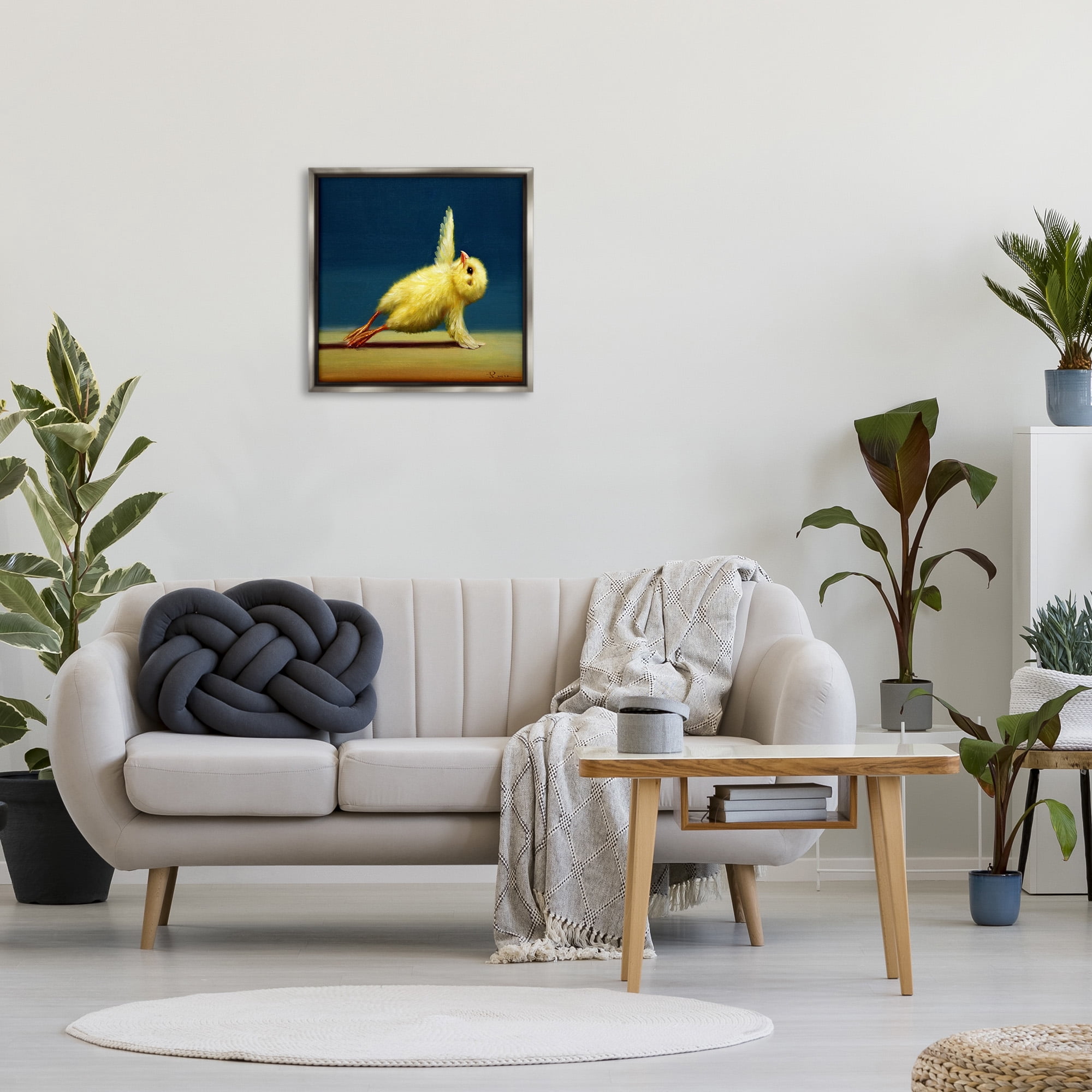 Stupell Industries Yellow Chick Stretching Yoga Animals & Insects Painting Gray Floater Framed Canvas Art Print Wall Art, 25 x 25