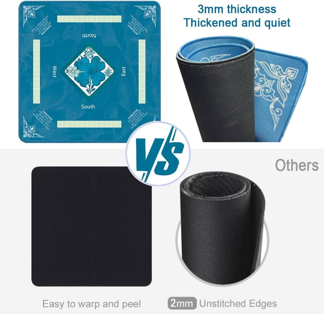 Mahjong Mat Non-Slip 31.5x31.5 Inch | Noise Reduction Game Table Mat with Carrying Bag - for Mahjong (Blue/Four-Leaf Clover)