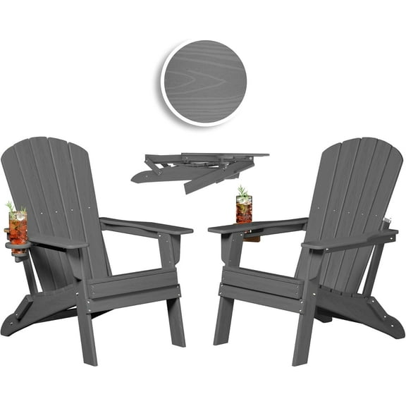 Folding Adirondack Chair, SGS Tested, Wooden Textured with Cup Holder, Heavy All-Weather HDPE Comfortable Set Poolside Backyard Lawn Grey Set 2