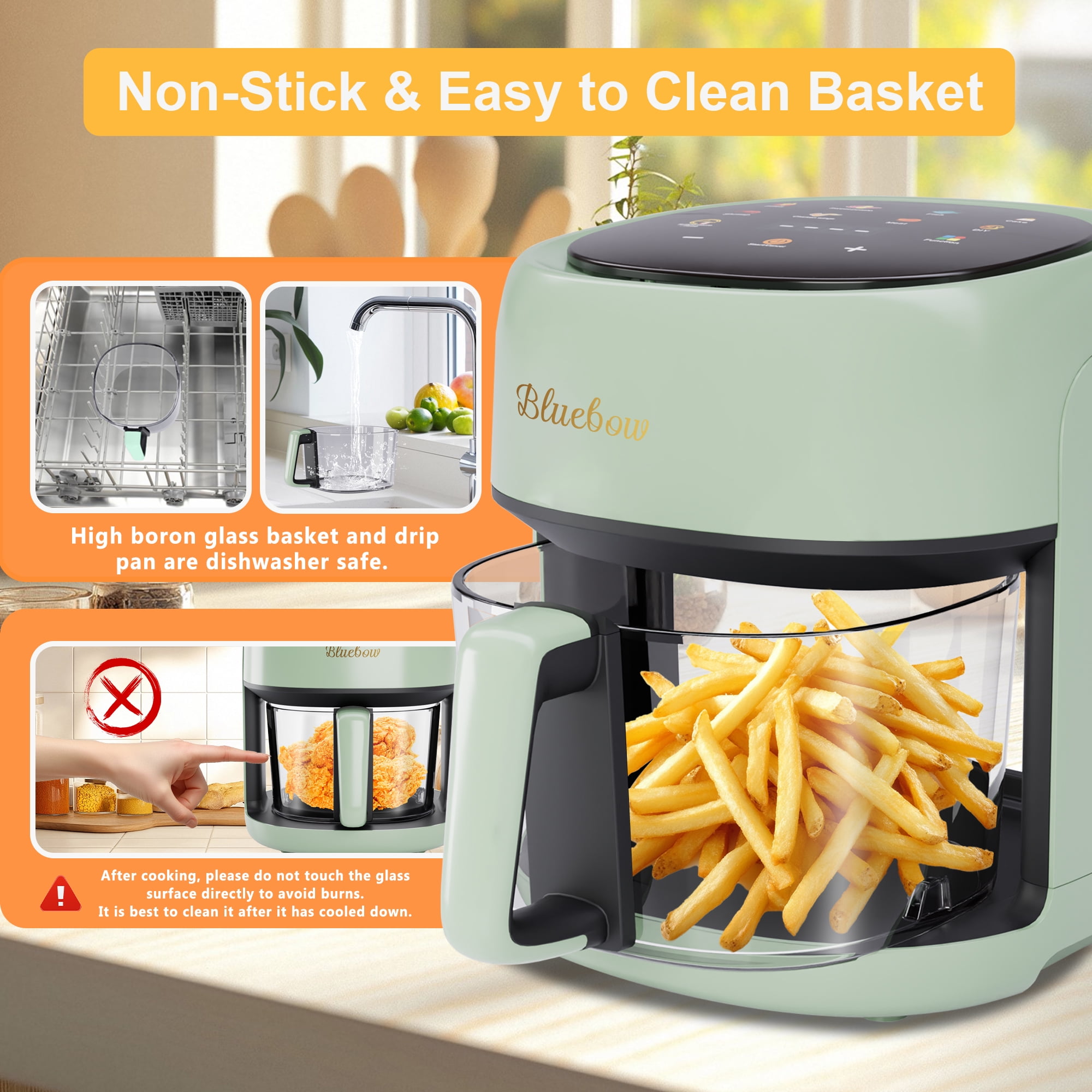Bluebow 5 Quart Air Fryer with 360° Viewing Glass Pot, 8-in-1 Digital Touchscreen, Nonstick & Dishwasher Safe Basket, Less Oil, 1350W (Green)