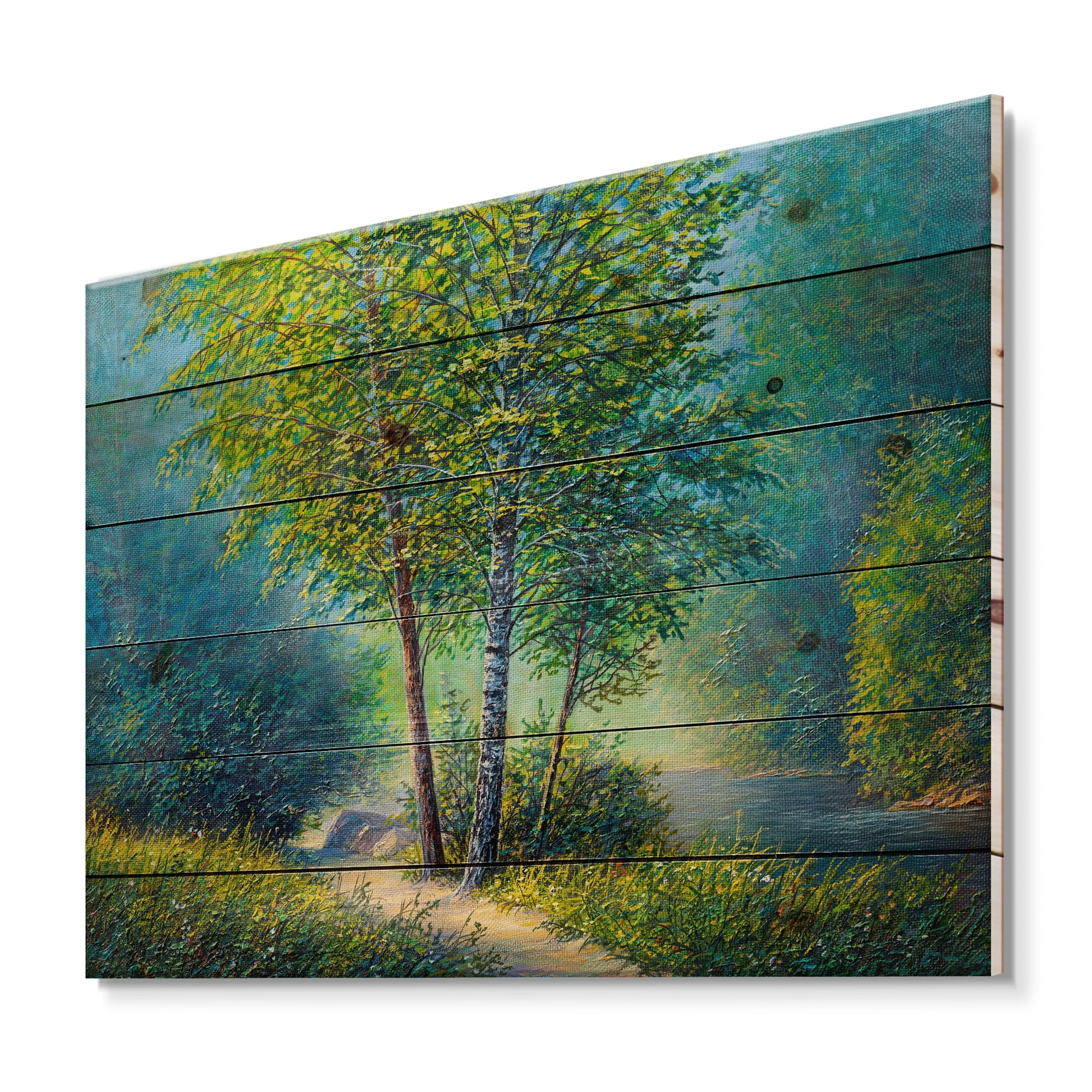 Designart 'Three Vibrant Green Trees By The River' Lake House Print on Natural Pine Wood