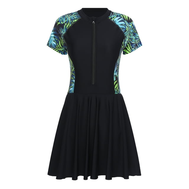 iefiel Women Plus Size One Piece Swimsuit Short Sleeve Rash Guard Swimming Dress Modest Beach Bathing Suit Black Green XXL