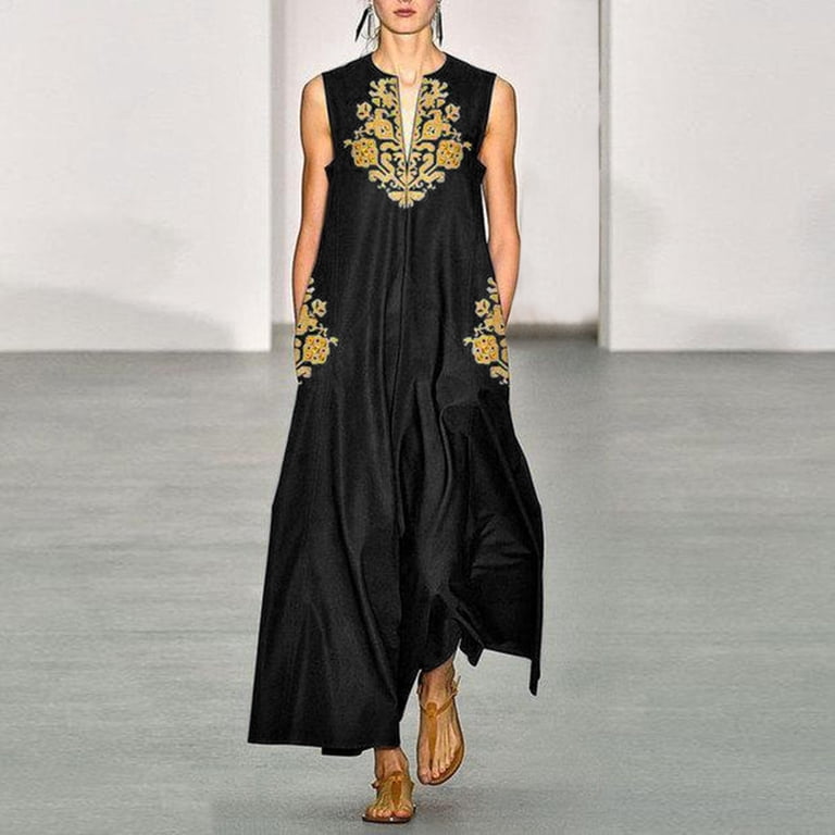 SNOWSONG Maxi Dresses for Women, Womens Vintage Printed V-Neck Sleeveless  Dresses, Boho Dress, Flowy Dresses for Women, Long Dresses 1PC Dress Black  3XL - Walmart.com