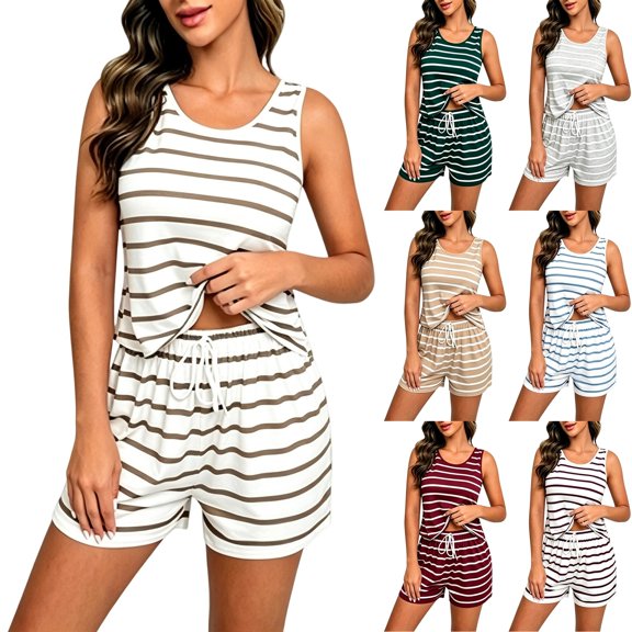 Womens Striped Pajamas Set 2 Piece Soft Stretch Tank Top and Elastic Waist Shorts Sleeveless Sleepwear Matching Loungewear with Pockets, Coffee, L