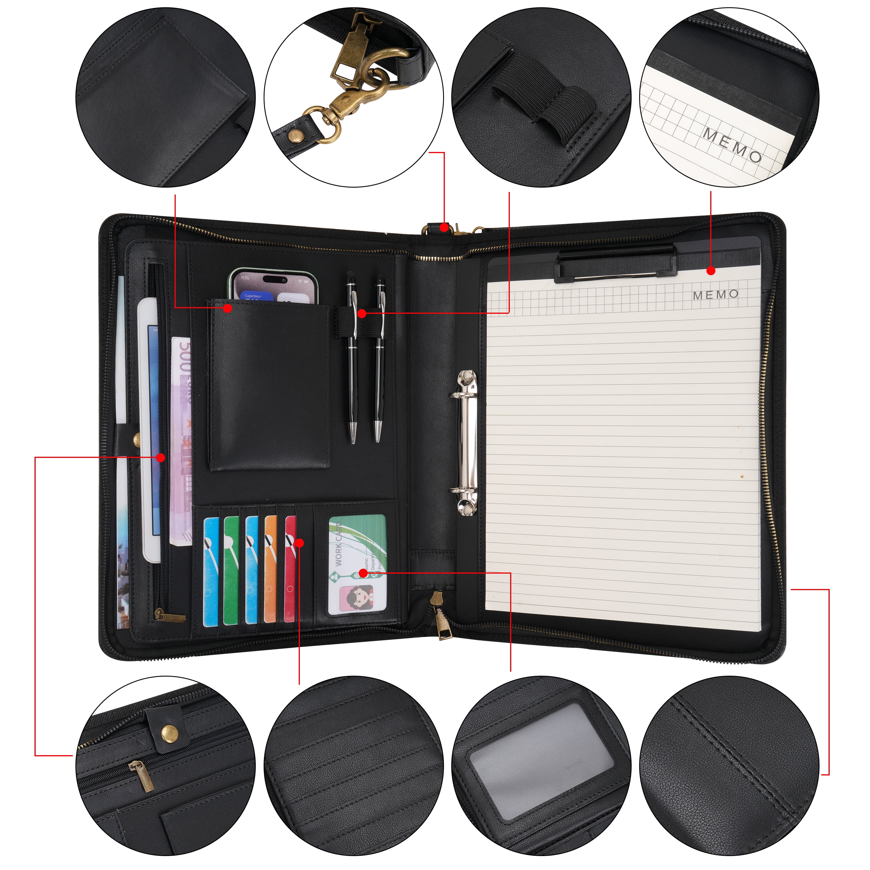 Wason A4 Portfolio with Zipper - Leather PU Padfolio with Detachable Ring Binder and Writing Notepad Holder, Conference File Multi-Pockets Organizer for Office Travel School (Black)
