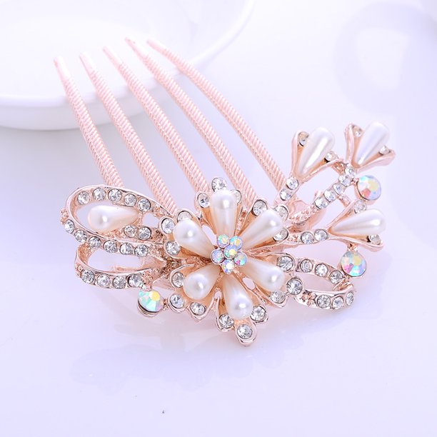 Peine vintage con cinco dientes de diamantes de imitación y flores, accesorio para el cabello, lazo, peineta de perlas, joyería, tocado de aleación, placa, horquilla