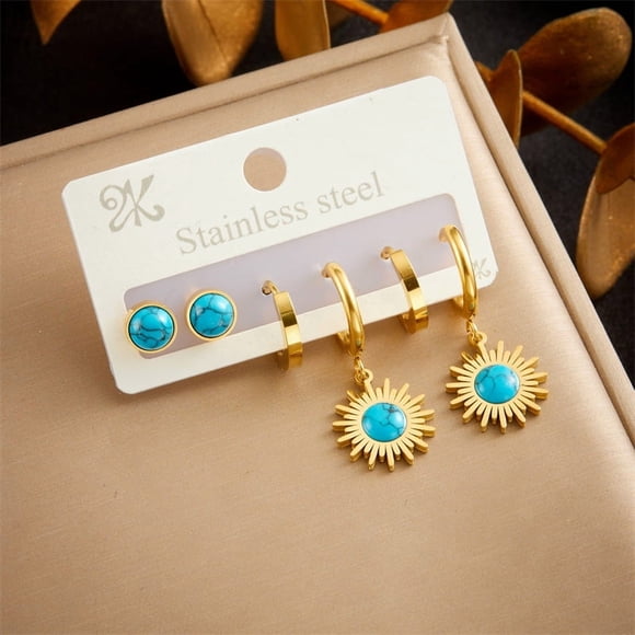 SPEKSEE 3 Pairs Turquoise Stud Earrings Small Geometric Oval Round Flower Earrings Cut Shape Square Studs Turquoise Jewelry