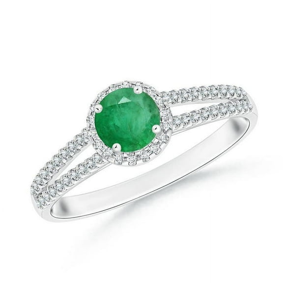 ANGARA Natural Twin Shank Emerald Halo Ring with Diamond Accents in 14K White Gold for Women (Size-5mm) | May Birthstone, Birthday, Anniversary, Jewelry Gift for Women | Natural Emerald Ring