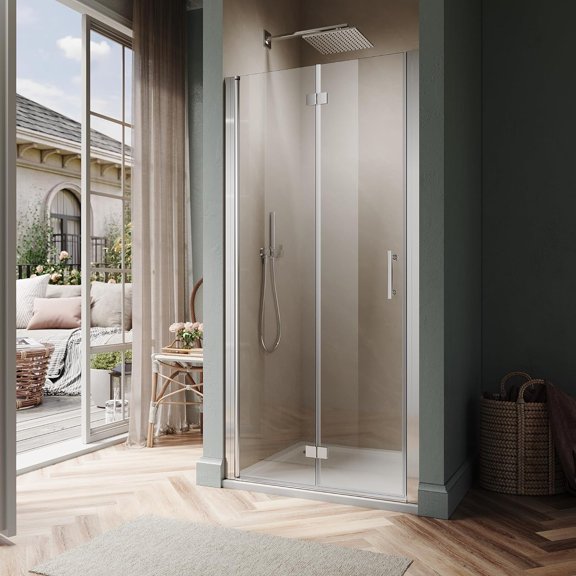 SUNNY SHOWER Pivot Shower Door Frameless Bi-fold Shower Glass Door, 1/4" Clear Glass, 33.5-35" W x 72" H Hinged Shower Door, Chrome Finish