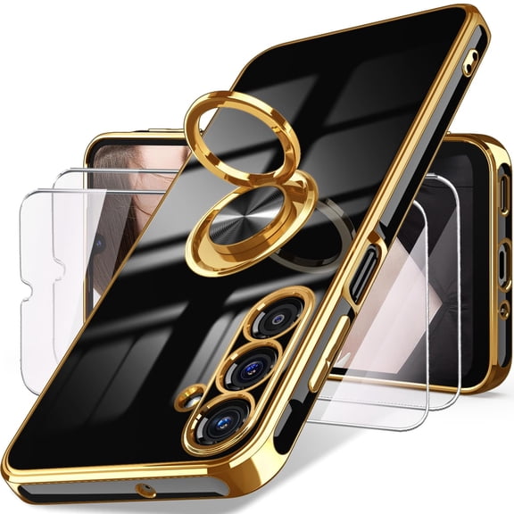 Dteck for Samsung Galaxy A26 5G Case with 2 Pack Screen Protector, 360° Rotatable Ring Holder Plating Gold Edge Slim Soft Phone Cover Case for Galaxy A26 5G,Black
