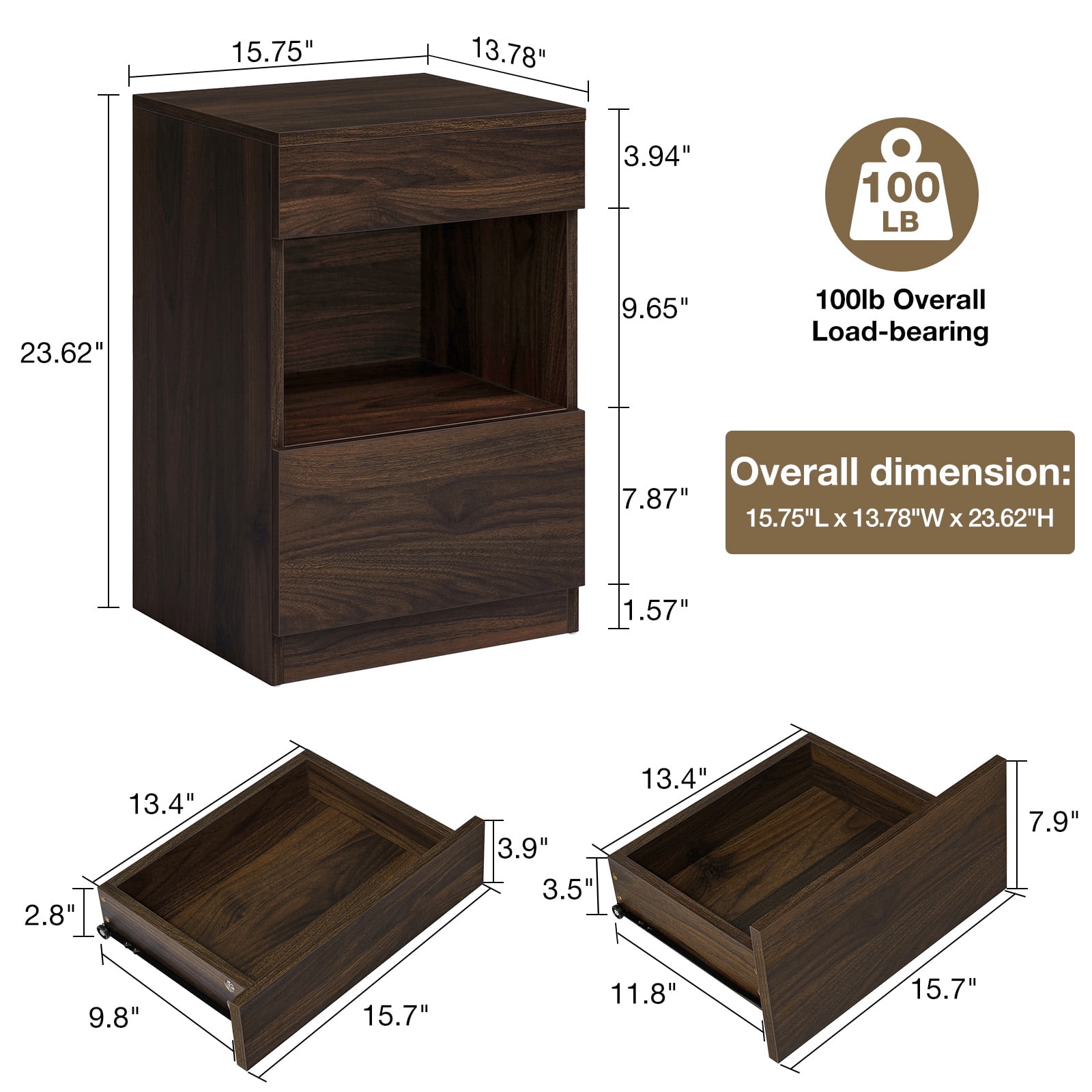 Hommpa Nightstand, 2 Drawer Nightstand Open Shelf Nightstands Brown Bedside Table Nightstands with Storage End Tables Living Room Bedroom Furniture Dark Walnut