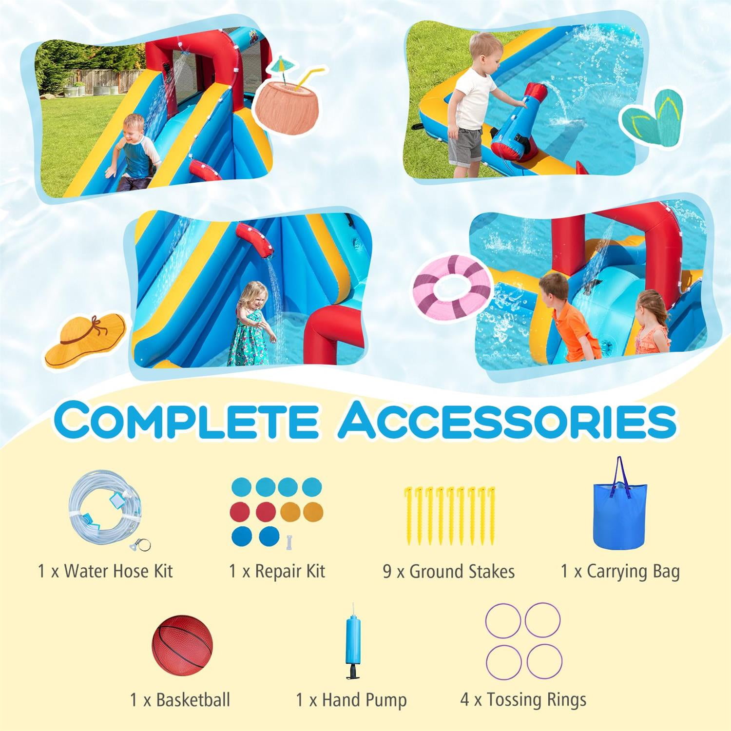 Demi Bonn 9-In-1 Giant Inflatable Water Slide, Climbing Wall + Obstacle Course + Sports Games, No Blower, Multicolor