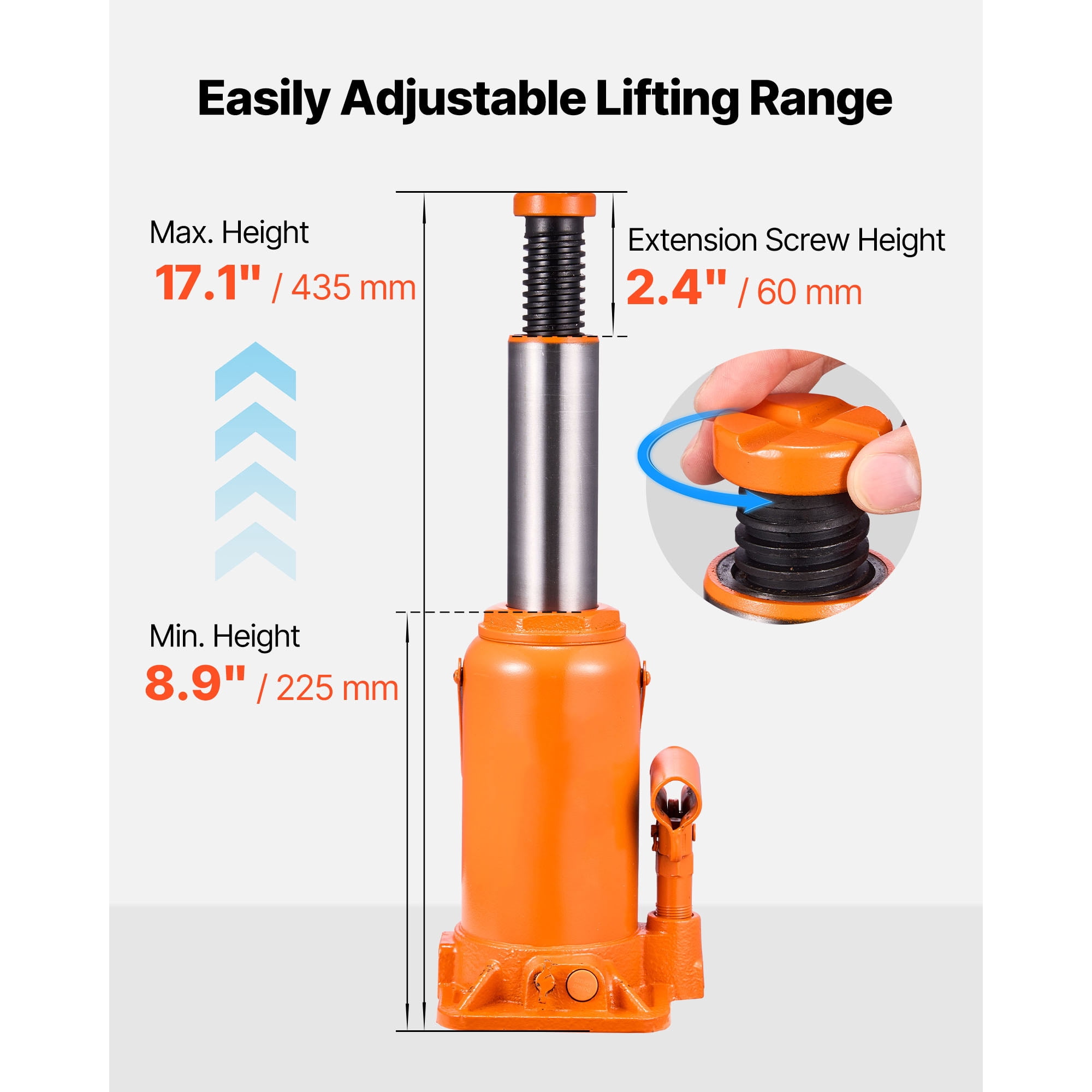 KFFKFF Hydraulic Bottle Jack, 20 Ton Capacity, 8.9-17.1 Inch Lift Range, Durable Heavy-Duty Jack for Cars, SUVs, Trucks, Auto Maintenance, Home Lifting, and Farm Equipment, Orange
