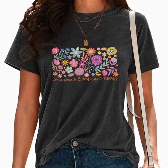 UNISHE Women's Floral Print T-Shirts Positive Graphic Tees Casual Washed Vintage Flower Short Sleeve Tops Black, S