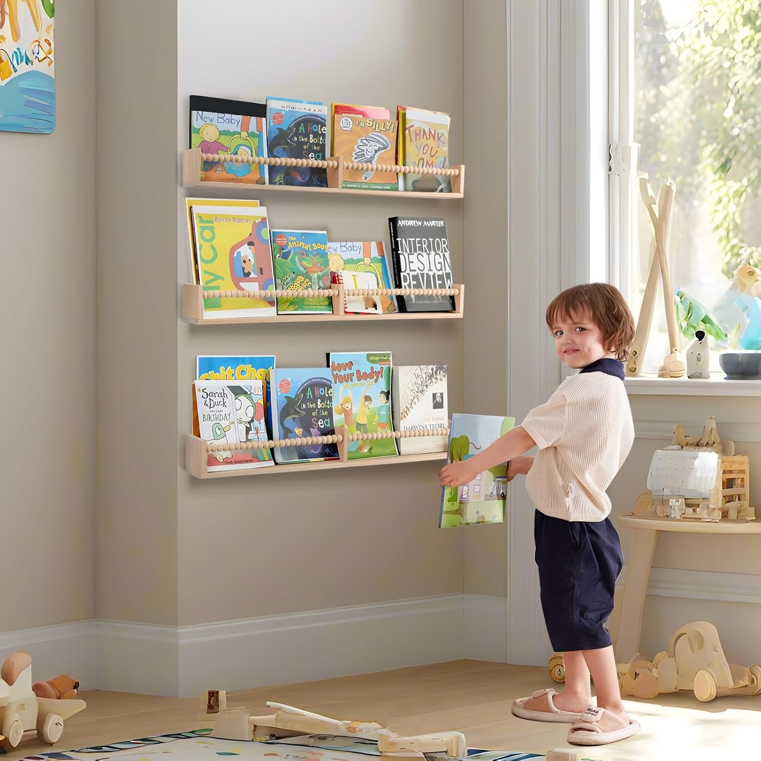 Nursery Book Shelves for Kids Rooms - 32 Inches Floating Wall Bookshelves Set of 3, Space-Saving Nursery Shelves with Beads Design for Kids Room, Bedroom and Study Room(Natural)