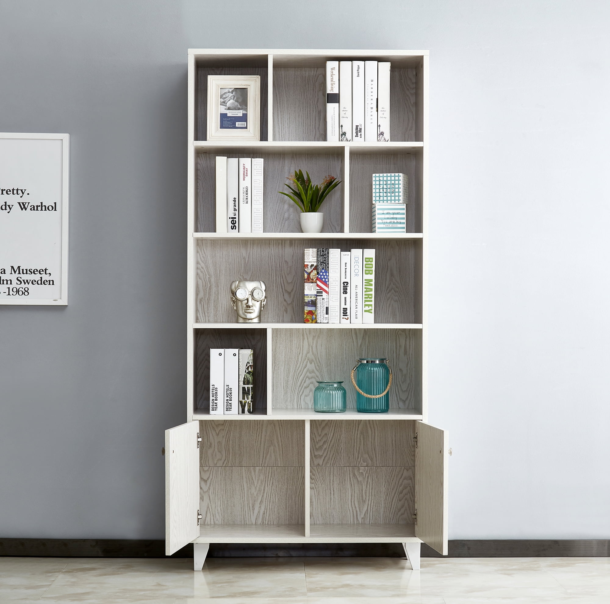 Private Jungle Modern Bookcase with 2 Doors 68" Tall Storage Wooden Bookshelf with 7 Compartments for Home Office,White Private Jungle Modern Bookcase with 2 Doors 68" Tall Storage Wooden Bookshelf with 7 Compartments for Home Office,White
