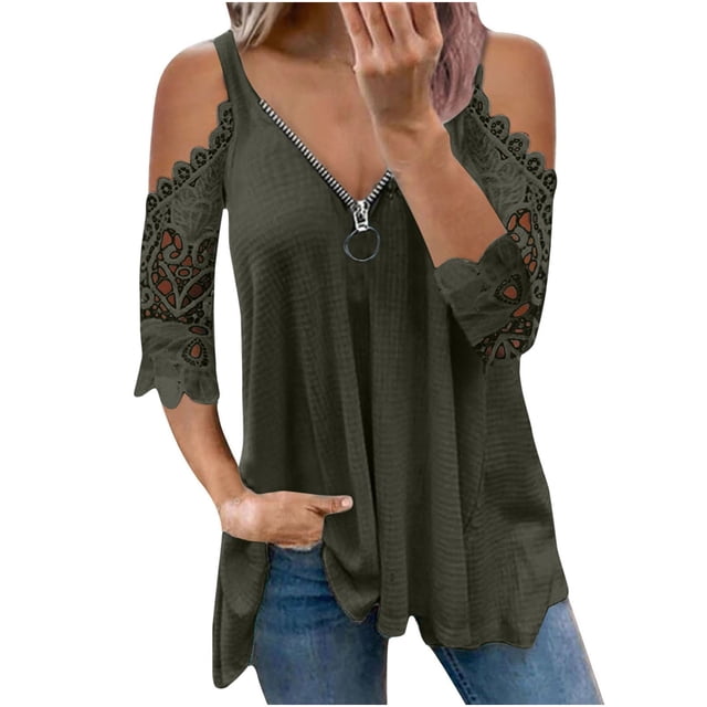 Mujeres Casual Plus SizeLace Media mangaV-Cuello Cremallera Hollow Out Camiseta Blusa Tops Pompotops hfajkhk133197